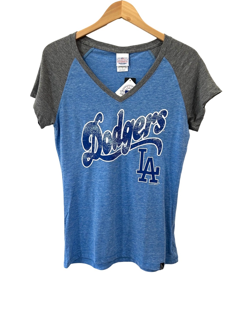 LA Dodgers women’s retro V-neck raglan T-Shirt L blue grey slim 2013 NWT